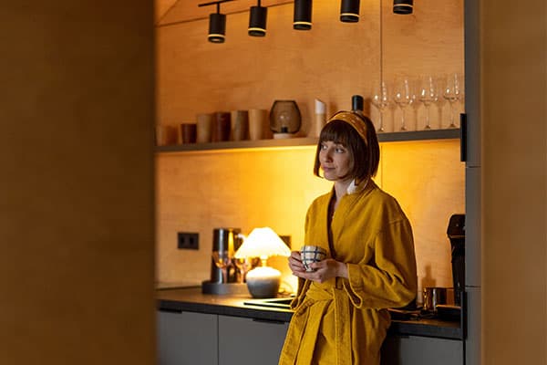 Women in bath robe.