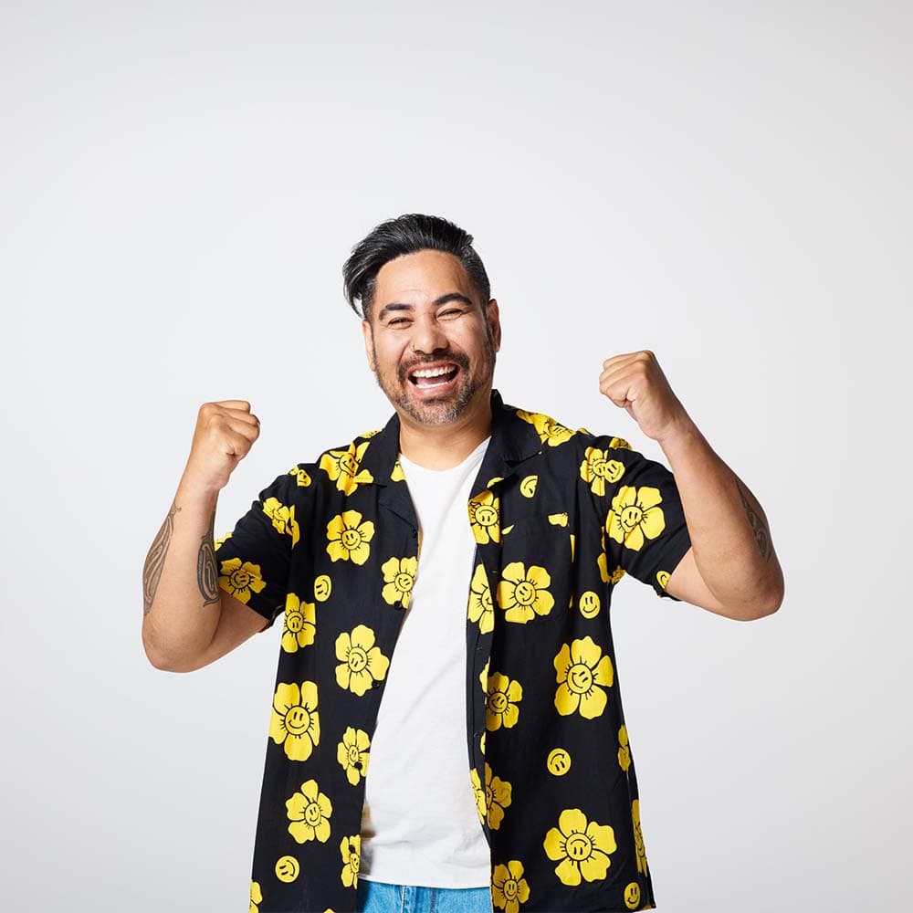 happy man tropical shirt