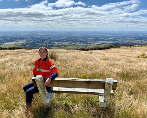 Women in high vis sitting on a bench that