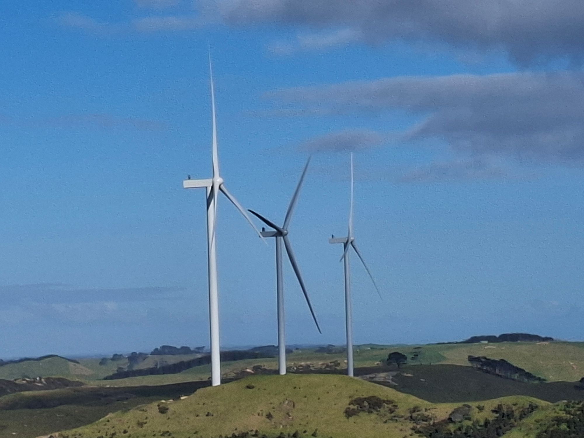 three wind turbines at Kaiwaikawe Wind Farm
