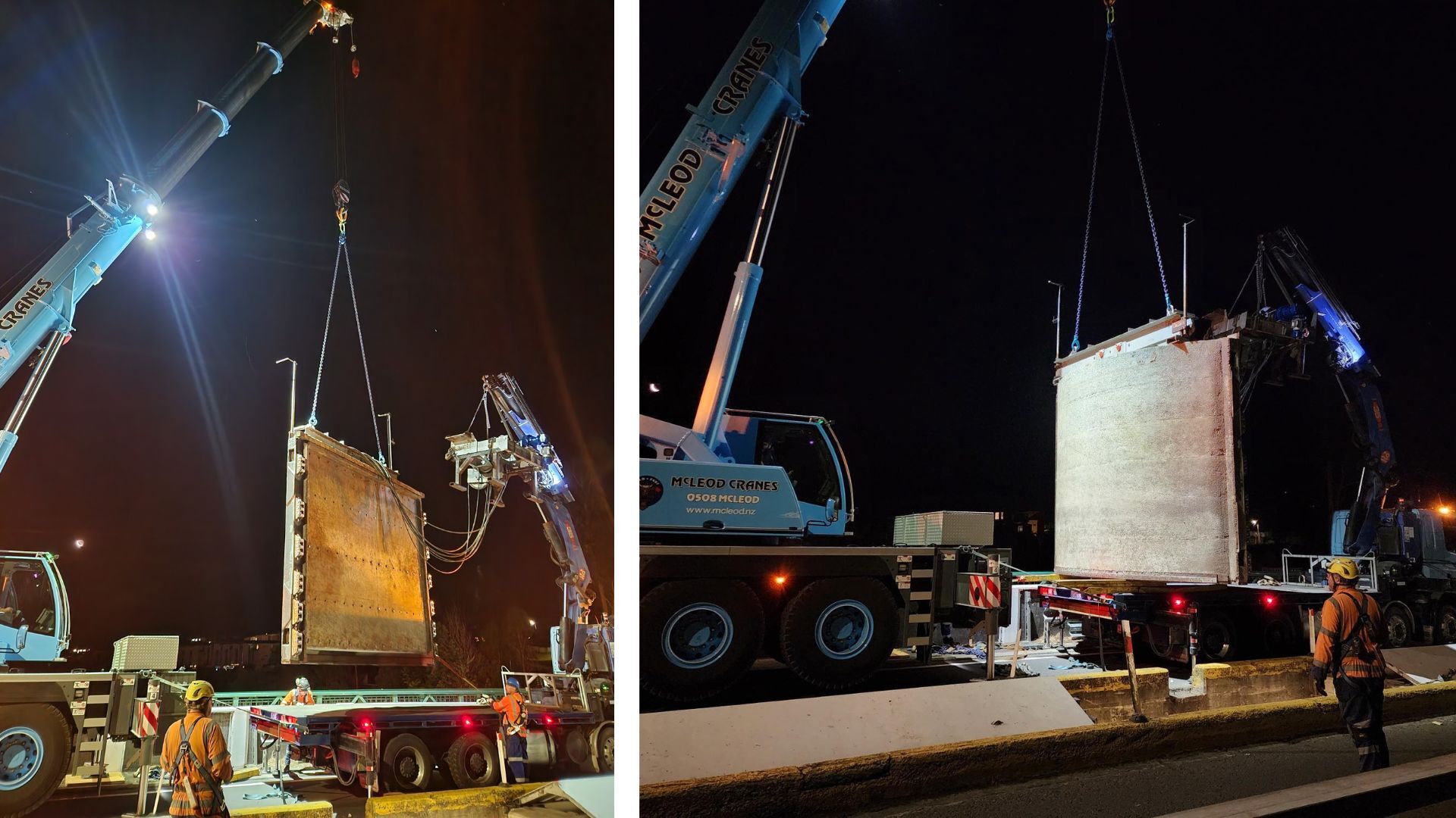 composite of two photos of lifting Taupo control gate by crane